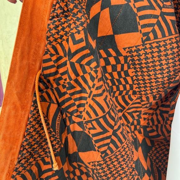 Major Damage Patchwork Drawstring Denim Coat, Mens XXL - Orange/Blk, 90s Vintage - Picture 4 of 12